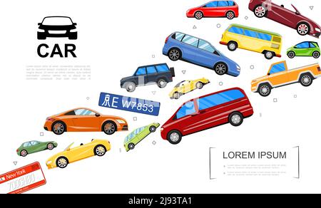 Modelli di automobili moderne con automobili colorate di diversi tipi in illustrazione vettoriale di stile piatto Illustrazione Vettoriale