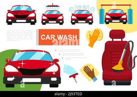 Composizione del servizio di lavaggio di un'auto piatta con diverse procedure di lavaggio di un'automobile pulire le mani del sedile automatico nei guanti che trattengono la spugna e. panno vecto Illustrazione Vettoriale