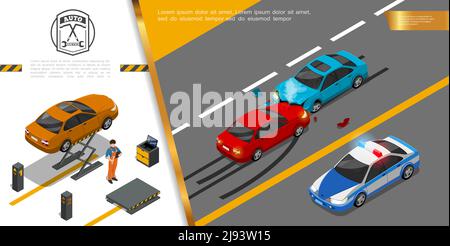 Concetto di servizio di riparazione auto isometrica con incidente d'auto e meccanico in piedi vicino all'automobile sull'illustrazione vettoriale dell'apparecchiatura di sollevamento Illustrazione Vettoriale