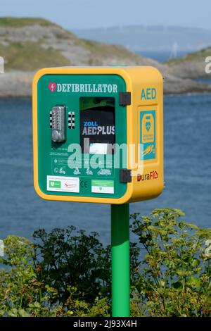 Defibrillatore installato che si affaccia sulla spiaggia, il mare e le scogliere in un punto di vista chiave su Gower, Galles a Bracelet Bay. Foto Stock