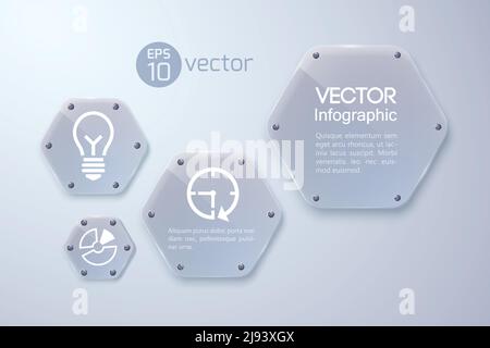 Concetto web infografico con icone bianche e esagoni in vetro su immagine vettoriale con sfondo grigio Illustrazione Vettoriale