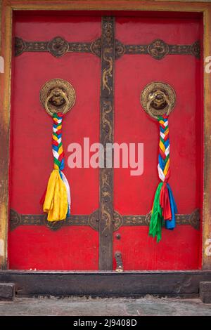 Dettagli della costruzione del monastero buddista, Tibet, Regione Autonoma, Asia Foto Stock