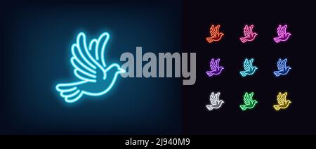 Icona della colomba al neon. Silhouette di colombi volante al neon, pittogramma piccione. Uccello della pace, amore e cura, colomba Santa, carità mondiale, uccello spirituale, fl Illustrazione Vettoriale