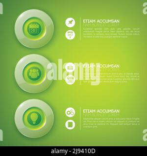Modello di infografica aziendale con testo tre cerchi lucidi e icone su sfondo verde illustrazione vettoriale Illustrazione Vettoriale