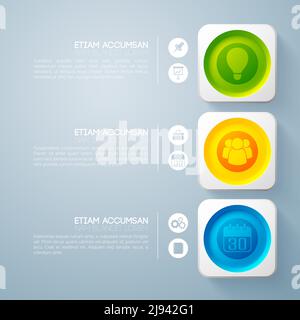 Concetto di business infografico sul Web con tre opzioni di cerchi colorati immagine vettoriale di riquadri e icone Illustrazione Vettoriale