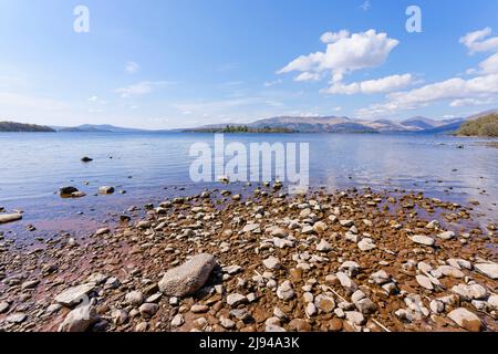 Sulle rive del Loch Lomond vicino a Balmaha guardando verso l'isola di Inchfad e le montagne distanti. Foto Stock