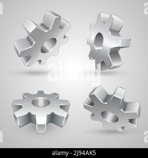 Quattro ingranaggi metallici su sfondo grigio immagine vettoriale 3d isolata Illustrazione Vettoriale