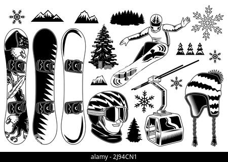 Set di elementi da snowboard per la creazione di badge, logo, etichette, poster, ecc. isolati su bianco. Illustrazione Vettoriale