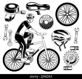 Set di elementi ciclista per la creazione di badge, logo, etichette, poster, ecc. isolati su bianco Illustrazione Vettoriale