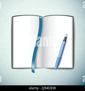 Apertura di un libro di schizzo vuoto con una penna e un segnalibro di colore blu su sfondo chiaro immagine vettoriale piatta Illustrazione Vettoriale