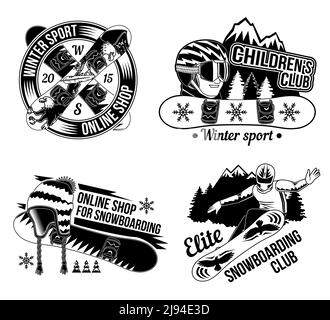 Set di emblemi per snowboard, etichette, badge, loghi. Isolato su bianco Illustrazione Vettoriale