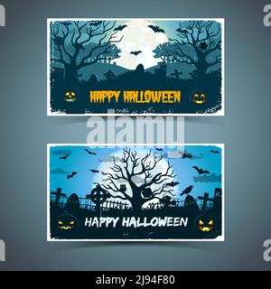 Happy halloween banner con cornice bianca animali vecchi alberi cimitero su sfondo lunare enorme immagine vettoriale isolata Illustrazione Vettoriale