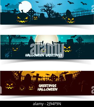 Set di striscioni di auguri halloween con lanterne di animali di zucca cimitero alberi e luna isolato vettore illustrazione Illustrazione Vettoriale