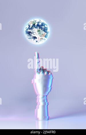 Il braccio o la mano del robot meccanico proietta un'immagine della Terra. Concetto di realtà virtuale, aumentata, robot e intelligenza artificiale. Foto Stock