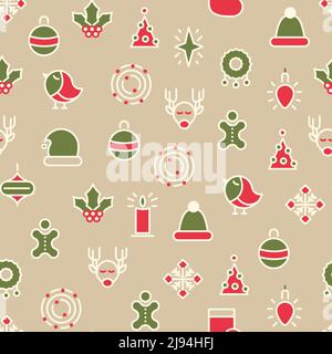 Simboli di Natale felice modello senza giunture con diversi tipi di regali e giocattoli agili con linea colorata sul campo beige icone disegnate a mano vettore ill Illustrazione Vettoriale