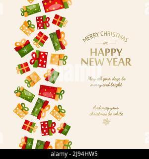 Modello di saluto felice anno nuovo con iscrizione dorata calligrafica e. scatole regalo colorate su sfondo chiaro illustrazione vettoriale Illustrazione Vettoriale