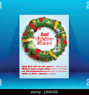Flat design auguri cartolina di natale decorata con vettore di corona illustrazione Illustrazione Vettoriale