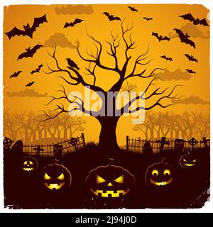 Halloween sera disegno con lanterne festive a albero cimitero e. pipistrelli su sfondo giallo cielo illustrazione vettoriale Illustrazione Vettoriale