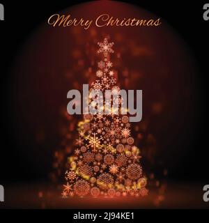 Albero di natale decorato oro brillante su sfondo scuro vettore piatto illustrazione Illustrazione Vettoriale