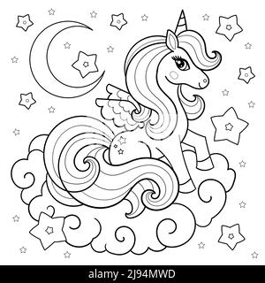 L'unicorno del cartone animato si siede su una nuvola. Disegno lineare in bianco e nero. Vettore Illustrazione Vettoriale