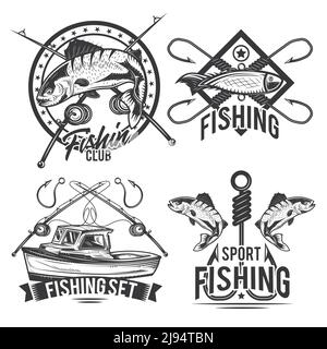 Set di emblemi da pesca, etichette, badge, loghi. Isolato su bianco Illustrazione Vettoriale