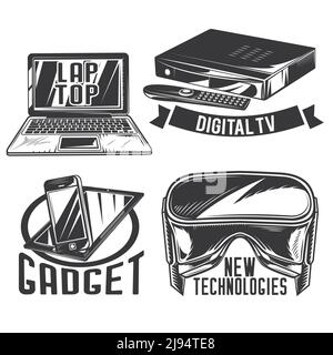 Set di gadget emblemi, etichette, badge, logo. Isolato su bianco Illustrazione Vettoriale