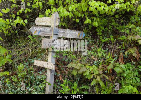 Un ponte di legno e sentiero segnaletica sulla via Coleridge per Cutcombe, Luxborough e Lype Hill nelle colline di Brendon, Exmoor National Park, Somerset, Inghilterra. Foto Stock