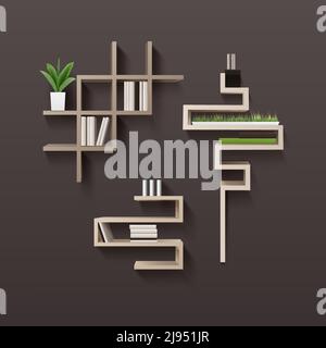 Vector moderna libreria in legno con libri e piante all'interno, isolata su fondo di parete marrone Illustrazione Vettoriale