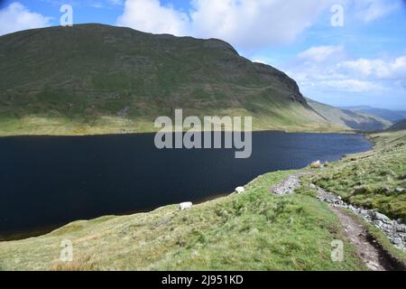 Glacial Grisedale Tarn si trova nelle colline circostanti di alto livello nelle campane del Lake District. Foto Stock