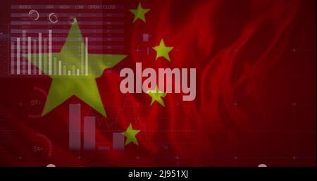 Immagine dei dati finanziari e dei grafici su bandiera della cina Foto Stock