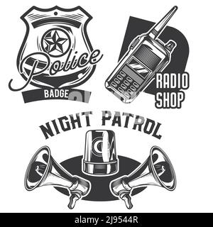 Set di emblemi, etichette, badge, loghi della polizia. Isolato su bianco Illustrazione Vettoriale