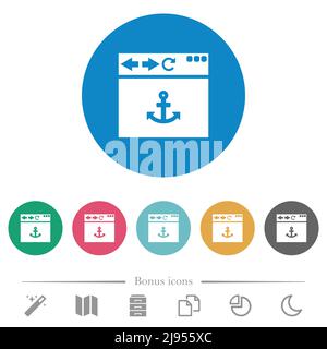 Browser ancora icone bianche piatte su sfondi di colore rotondi. 6 icone bonus incluse. Illustrazione Vettoriale
