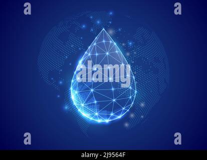 Goccia d'acqua 3D simbolo di poly basso con sfondo blu della mappa del mondo. Illustrazione del progetto del concetto di goccia. Simbolo poligonale della goccia di olio con punti collegati Illustrazione Vettoriale
