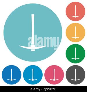 Icone bianche piatte a piccone singolo su sfondi rotondi Illustrazione Vettoriale
