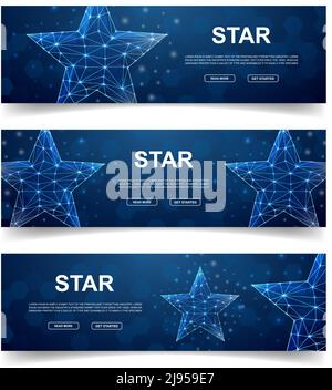 Set di tre striscioni orizzontali a stella. Illustrazione orizzontale per il disegno della homepage, banner promozionale. Classificazione di simboli poly bassi con punti collegati Illustrazione Vettoriale