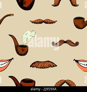 Pattern con baffi e pipe. Decorazione Hipster sfondo senza cuciture. Illustrazione vettoriale Illustrazione Vettoriale