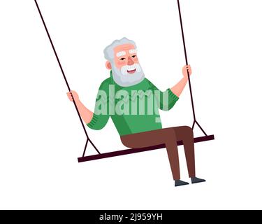 Sorridente nonno oscillante. Felice anziano maschio rilassarsi e cavalcare sul swing. L'uomo anziano ha divertimento sui bambini seesaw. Vettore vecchio nonno sensazione di libertà e felicità illustrazione eps Illustrazione Vettoriale