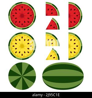Set di illustrazioni con cocomero rosso e giallo. Oggetti vettoriali isolati su sfondo bianco. Illustrazione Vettoriale