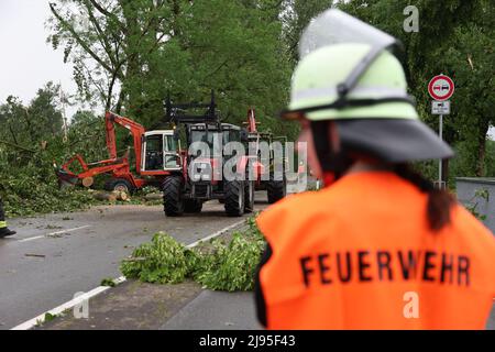 Lippstadt, Germania. 20th maggio 2022. I vigili del fuoco rimuovono i detriti da una strada. Un presunto tornado ha causato danni enormi a Lippstadt il venerdì pomeriggio. Credit: Friso Gentsch/dpa/Alamy Live News Foto Stock