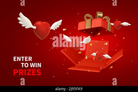 Partecipa per vincere premi. 3d cuori volanti con ali da una scatola regalo rossa aperta su sfondo rosso. San Valentino design. Illustrazione vettoriale. Illustrazione Vettoriale