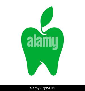 Un dente verde sano con l'icona del vettore foglia. Modello di logo creativo della clinica dentale. Illustrazione Vettoriale