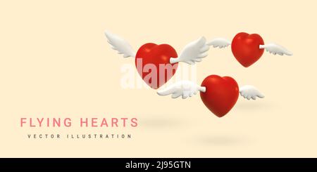 3d cuori rossi volanti con ali su sfondo chiaro. Concetto di giorno di San Valentino. Illustrazione vettoriale. Illustrazione Vettoriale