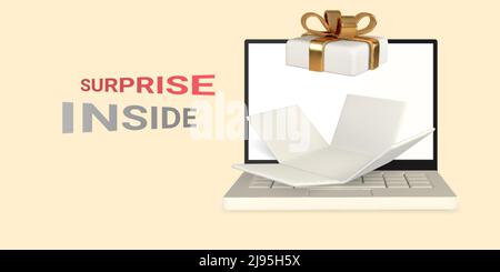 3d notebook realistico con confezione regalo aperta su sfondo chiaro. Sorpresa all'interno. Illustrazione vettoriale. Illustrazione Vettoriale