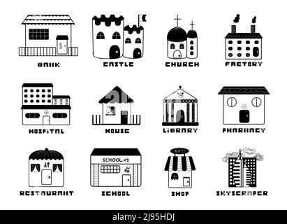 Istituzioni, dodici icone in bianco e nero Illustrazione Vettoriale
