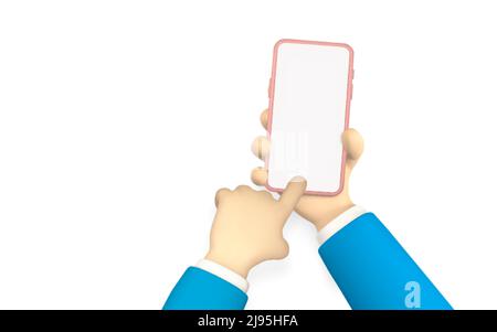 Il personaggio cartoon è dotato di smartphone, scorrimento o ricerca di qualcosa. 3d rendering mano uomo d'affari in tuta. Illustrazione vettoriale. Illustrazione Vettoriale