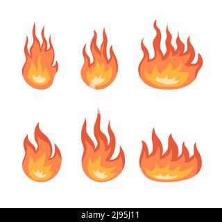 Set di un'icona arancione di fiamma. Simbolo di falò, incendio, pericolo di allarme. Elemento di design, pittogramma. Illustrazione vettoriale piatta isolata su backgrou bianco Illustrazione Vettoriale