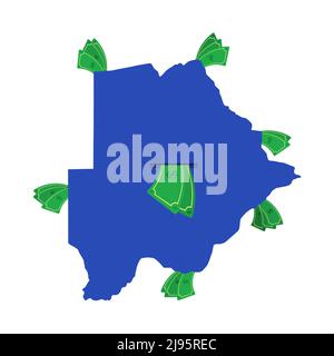 Botswana mappa in blu con bollette in giro. Denaro che lascia il centro del paese. Economia del paese africano. Sfondo bianco. Isolato. Illustrazione Vettoriale