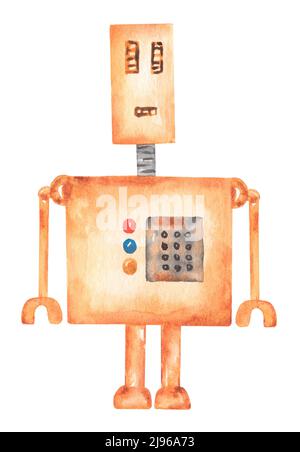 Watercolor Cute Robot Clipart, macchina, clip art cartoon, illustrazione giocattolo bambini, doccia bambino Foto Stock