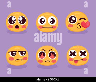 sei caratteri emoji impostano icone Illustrazione Vettoriale