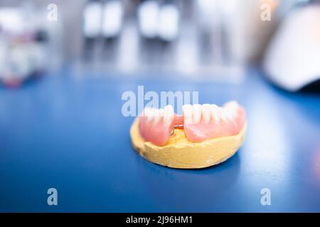 Mandibola artificiale isolata. Protesi dentaria. Piastra dentata in porcellana di zirconio. Lavori di protesi Foto Stock
